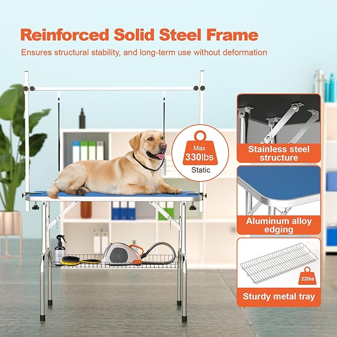 46'' Modern Blue Dog Grooming Table, Foldable Professional Grooming Table for Large Dogs, Up to 330lbs, Stainless Steel