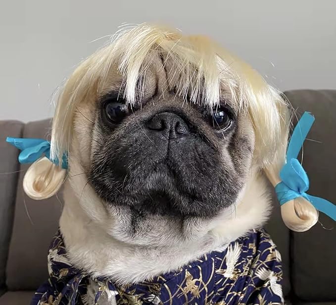 Funny Dog Cat Cosplay Wig, Pet Wigs for Halloween, Christmas, Parties, Festivals, Dog Wigs for Small Medium and Large Dogs(Golden Braid)