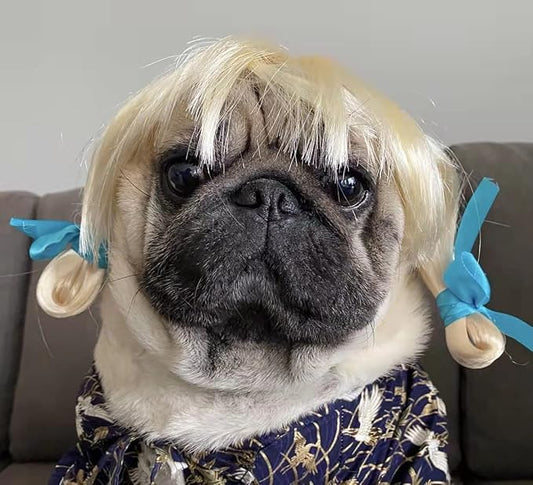 Funny Dog Cat Cosplay Wig, Pet Wigs for Halloween, Christmas, Parties, Festivals, Dog Wigs for Small Medium and Large Dogs(Golden Braid)