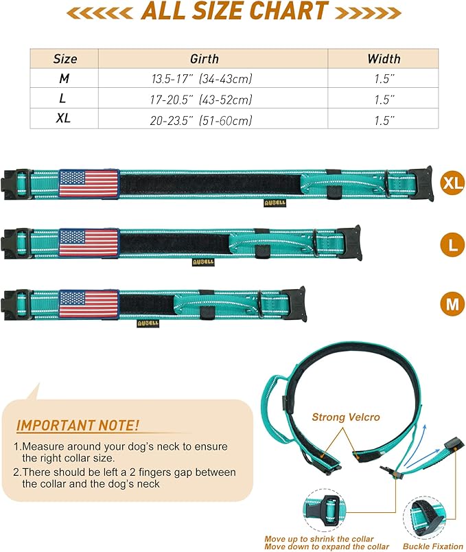 AUBELL Tactical Dog Collar, Reflective Dog Collar for Extra-Large Dogs, Adjustable Nylon Dog Collar with Handle and Heavy Duty Buckle Great for German Shepherd, with Airtag Case and Patches(Teal, XL)