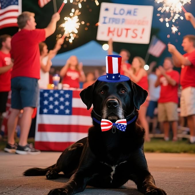 4th of July Dog Outfit, Patriotic Dog Top Hat and Bow Tie Collar Set, Pet Independence Day Costume Accessories for Dogs Cats Puppy
