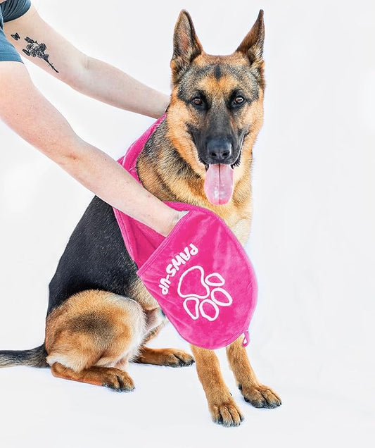 XL Paw Cleaning Towel for Dogs removes mud Dirt Grass Sand allergens Machine Washable Microfiber Also Great for a Quick Dry Puppy Bath Towel with Two Hand Pockets. 34” X 10” XL (Pink)