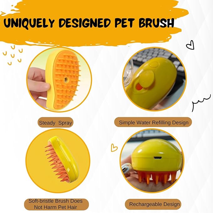 Cat Steam Brush,pet steam brush, 3 In1 Cat Grooming Tool,Cats Hair Steamer(YELLOW)
