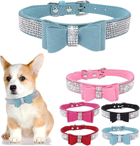 Bling Small Dog Collars for Female Dogs, Rhinestone Dog Collar with Bow tie, Crystal Jeweled Girl's Cat Collars Sparkling Glitter for XXS XS Small Dogs,Light Blue,S