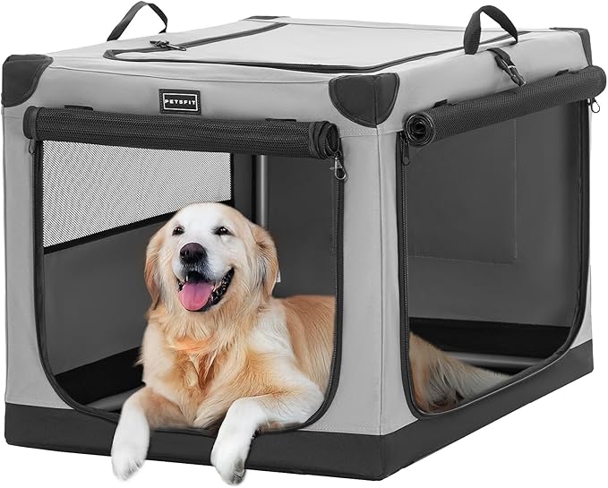 PETSFIT Travel Dog Crate, with Patented Adjustable Fabric Cover, Chewproof & Lockable Mesh Doors, Waterproof Base Soft Sided Kennel Grey 40 Inch