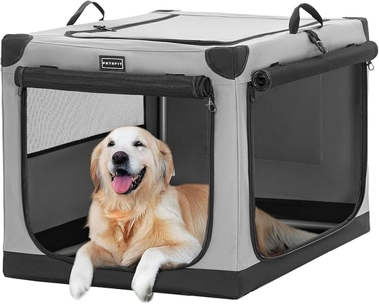 PETSFIT Travel Dog Crate, with Patented Adjustable Fabric Cover, Chewproof & Lockable Mesh Doors, Waterproof Base Soft Sided Kennel Grey 40 Inch