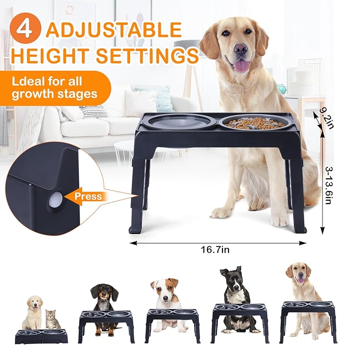 Elevated Dog Bowls, Raised Slow Feeder Dog Bowls with No Spill Water Bowl, Dog Bowl Stand Adjusts to 5 Heights 2.95", 8.46", 9.65", 10.82", 12.01" for Small Medium Large Dogs and Pets, Black