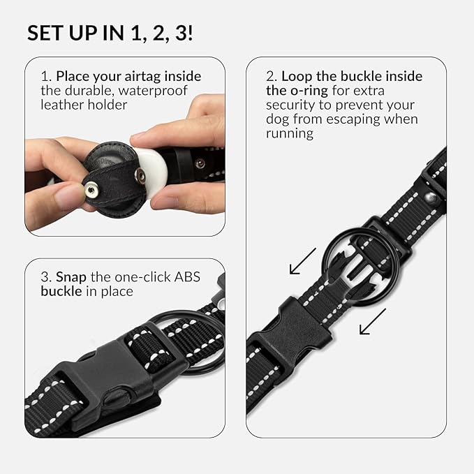 CollarDirect Airtag Dog Collar Reflective Nylon Neoprene Leather Holder for Apple Air Tag for Large, Medium, and Small Dogs (Black, S, 12-14.5 Inch)