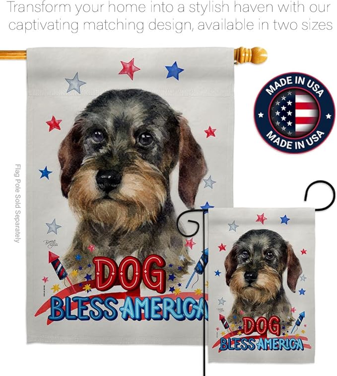 Breeze Decor Patriotic Wire Haired Dachshund Garden House Flag-Kit Dog Puppy Spoiled Paw Canine Fur Pet Nature Farm Animal Creature Decoration Banner Small Yard Gift Double-Sided, Made in USA