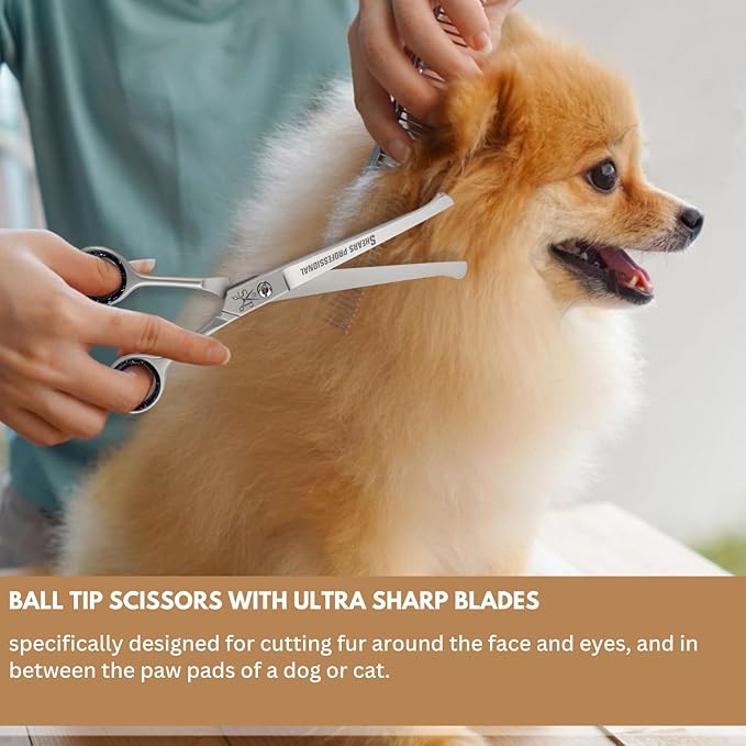 Dog Grooming Scissor Set, 5 in 1 5pcs Leather Shears Case a comb with Ball Tip Scissor for Safety & 5.5 In Grooming Scissor along with 6 pcs Black Silicone Scissor Ring Insert