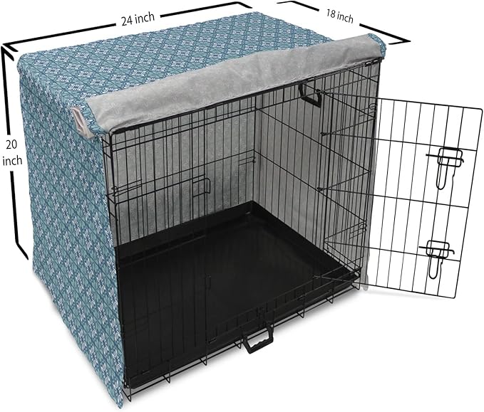 Lunarable Talavera Dog Crate Cover, Folkloric Tile Inspired Pattern of Moroccan Culture Print, Easy to Use Pet Kennel Cover for Cats & Medium Dogs, 24 Inch, Sea Blue Pale Teal