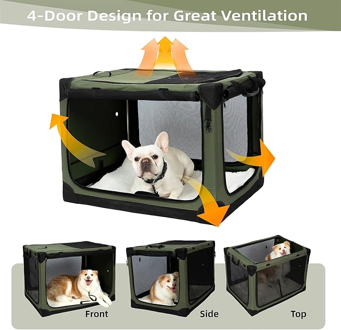 Pettycare Portable Travel Dog Crate 4-Door Soft Sided 42 Inch Collapsible Dog Crate with Curtains Durable Mesh Foldable Pet Kennel Soft Crates for Large Dogs Indoor & Outdoor Olive Green