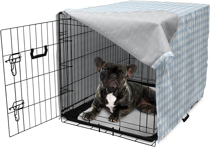 Lunarable Plaid Dog Crate Cover, Geometrical Striped Old Fashioned Pattern Pastel Colors Country, Easy to Use Pet Kennel Cover for Cats & Medium Dogs, 24 Inch, Pale Blue Yellow White