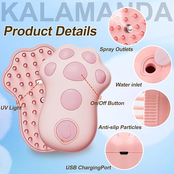 Cat Steam Brush for Shedding, 4 in 1 Steamy Cat Brush Cleanser, Dog Massage Grooming Brush with Release Button, Pet Hair Cleaning Misting Comb for Kitten(Pink Paw)