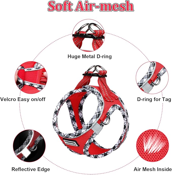 Mercano Soft Mesh Dog Harness and Leash Set, No-Chock Step-in Reflective Breathable Lightweight Easy Walk Escape Proof Vest Harnesses with Safety Buckle for Small Medium Dogs, Cats (Red, XL)