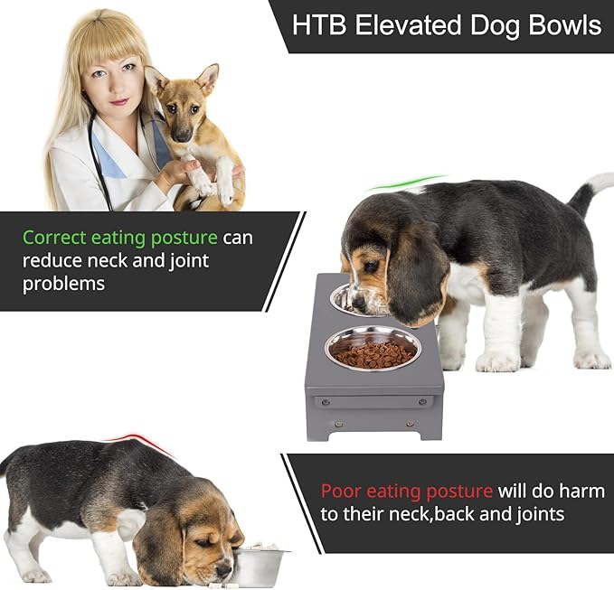 HTB Elevated Dog Bowls,Raised Dog Bowl Stand with 2 Stainless Steel Bowls,Elevated Raised Dog Bowls for Large Medium Small Sized Dogs