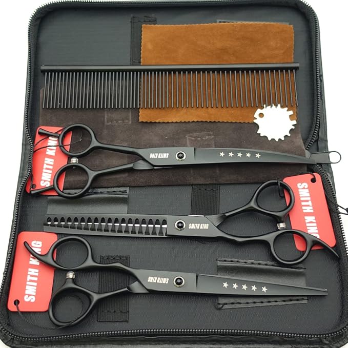 7.0 inches Professional Dog Grooming Scissors Set Straight & Curved & chunkers & comb 4pcs in 1 Set Left-handed