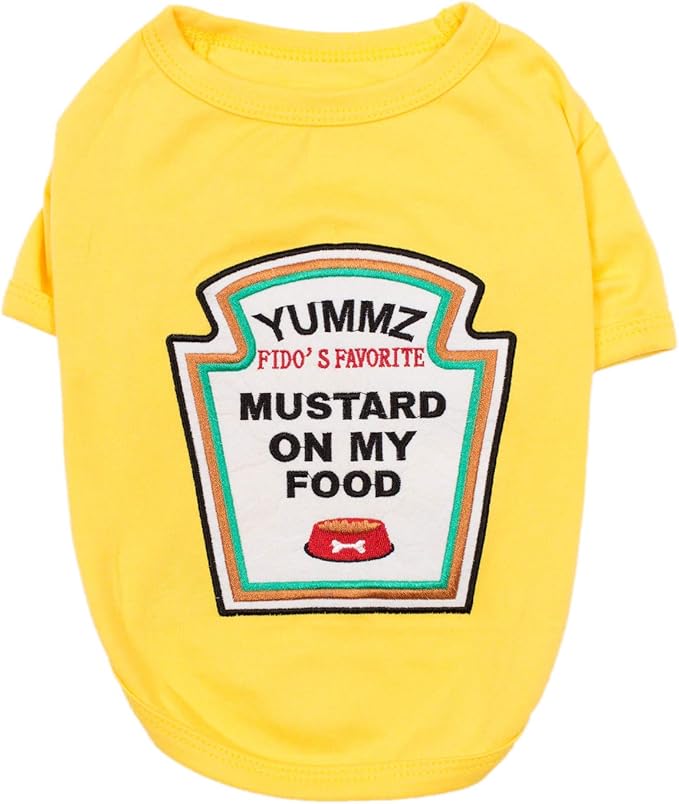 Parisian Pet Dog Shirt - Embroidered ?œMustard on My Food??- 100% Cotton and Polyester Dog Clothes - Sleeved, Lightweight Costume for Dogs - Yellow Dog Shirts for Small Dogs - Pet Costumes - S