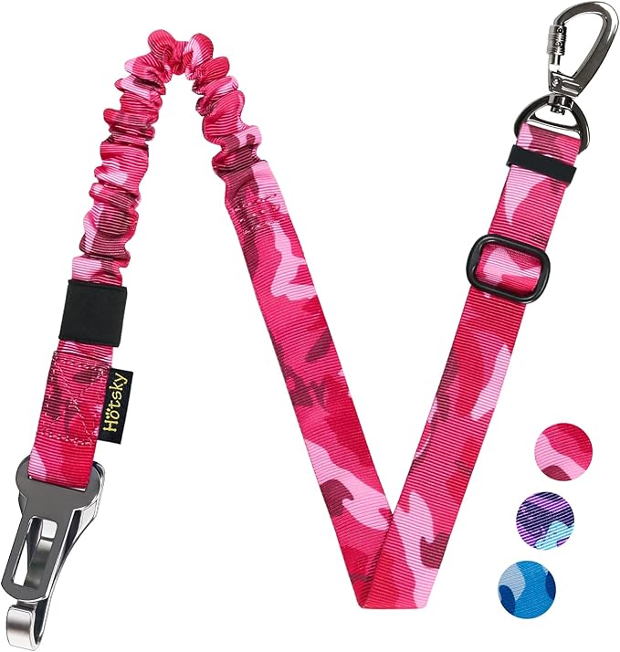 Hotsky Dog Seat Belt, Adjustable Safety Seatbelt 3-in-1 Car Harness for Dogs in Car Nylon Elastic Bungee Buffer Tether with Clip Hook Latch Buckle Swivel Zinc Alloy Carabiner(Hotpink Camo)