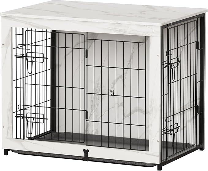 Megidok Wooden Dog Crate Furniture with Cushion, Dog Crate End Table with Tray, Double Doors Dog Crate Furniture Style, Decorative Dog Kennels Indoor for Small to Medium Dog-Marble White, 32*22*26.5