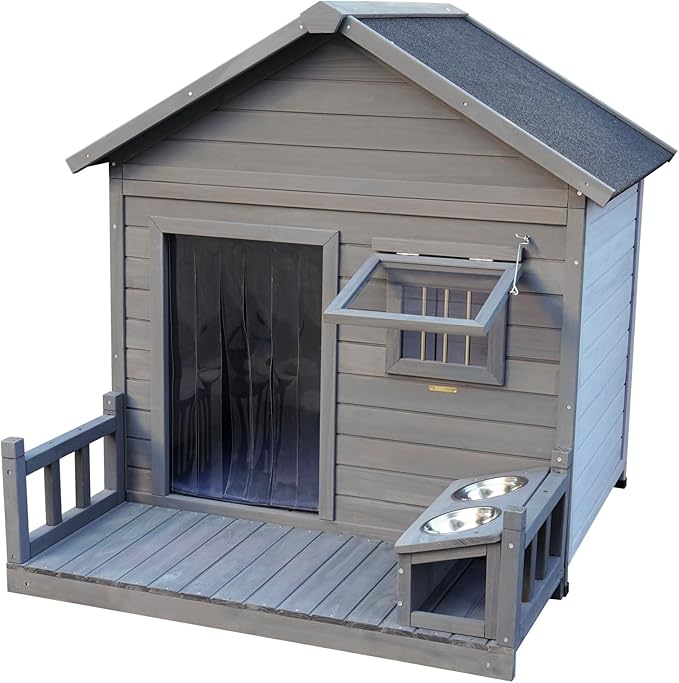 Outdoor Large Dogs House with Spacious Terrace,Open Waterproof Asphalt Roof Dog Kennel W/Breathable Window & 2 Feeding Stainless Bowls,Removable Floor Dog Cage for Large Dogs,Gray