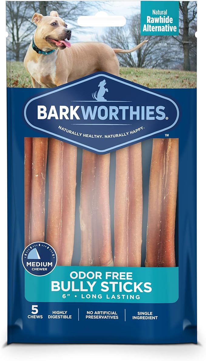 Barkworthies Odor-Free 6-inch Bully Sticks (5 Pack) - Healthy Dog Chews - Protein-Packed, Easily digestible, All-Natural Rawhide Alternative Dog Treats - Promotes Dental Health
