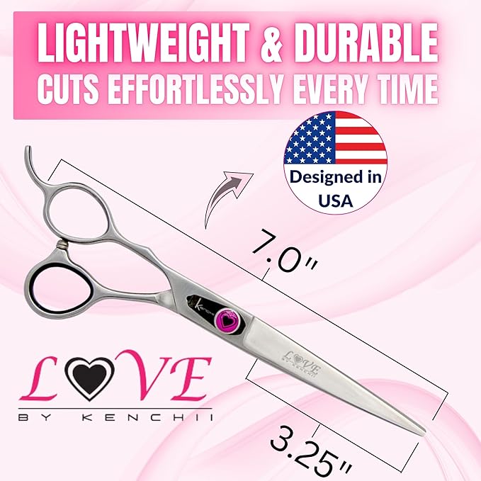 Kenchii Left Handed Dog Grooming Scissors | 7 Inch Shears | Straight Scissors for Dog Grooming | Love Collection Dog Shears | Pet Grooming Accessories | Pet Hair Trimming Scissor