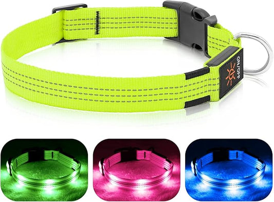 LED Dog Collar - USB Rechargeable Light Up Dog Collar Lights, Adjustable Comfortable Soft Safety Dog Collar for Night Walking (Green, Medium)
