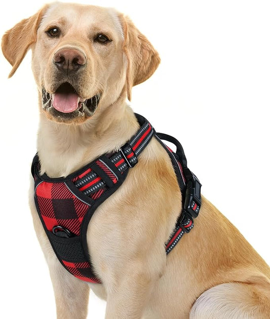 rabbitgoo Dog Harness for Large Dogs No Pull, Comfortable Padded Plaid Dog Harness with Handle Easy Control, Adjustable Reflective Puppy Pet Harness Vest with 2 Leash Clips, Red Plaid, L