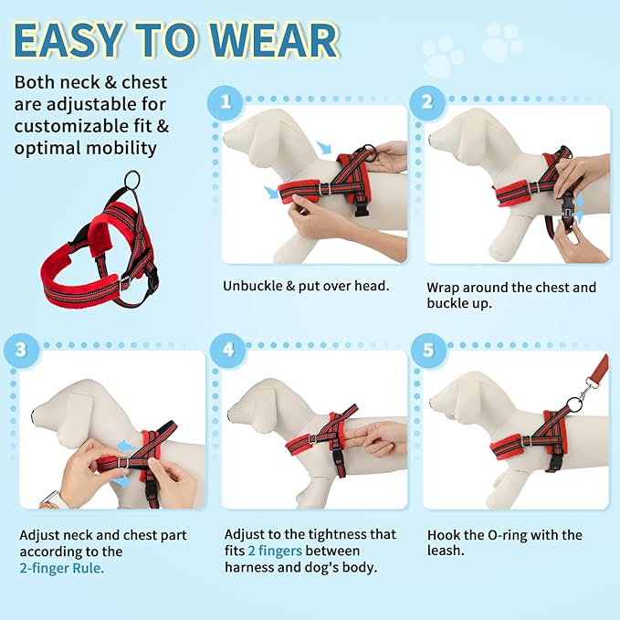 SlowTon No Pull Small Dog Harness and Leash Set, Puppy Soft Vest Harness Neck & Chest Adjustable, Reflective Lightweight Harness & Anti-Twist Pet Lead Combo for Small Medium Dogs (Red, XS)