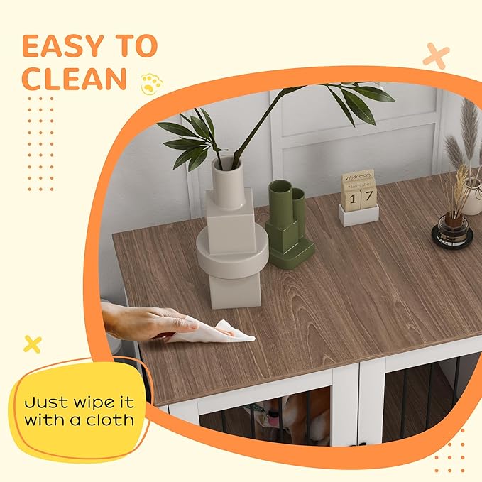 PawHut Dog Crate Furniture Side End Table with Storage, Dog Kennel Furniture Indoor with Double Doors for Medium and Large Dogs, Walnut