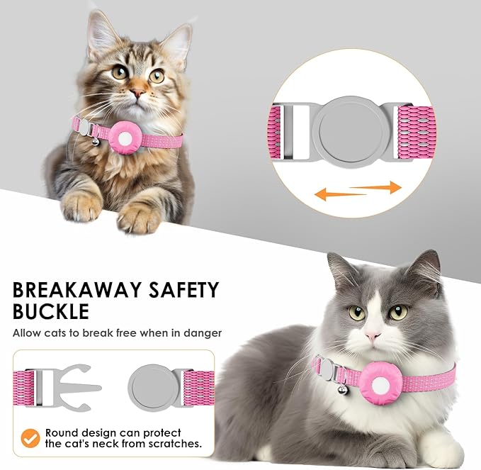 Cat Tracker, Cat Tracker Collar with Safety Elastic Buckle, Works with Any Collar,Compatible with Apple Find My App (Only iOS), No Monthly Fee, Waterproof, Pink