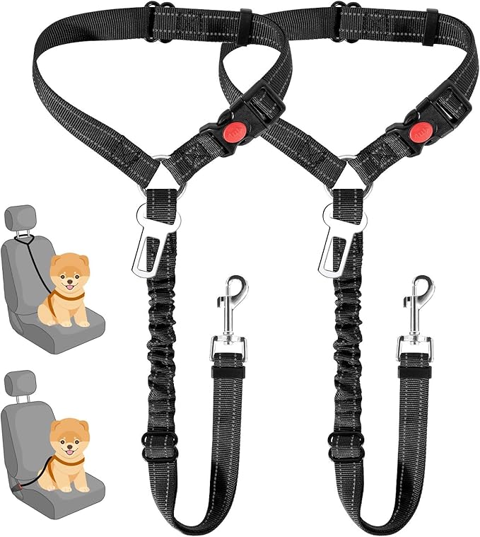 SlowTon Dog Seat Belt for Car, 2 Pack Dog Car Harness Seatbelt Adjustable with Elastic Bungee Buffer, 2 in 1 Pet Car Leash Headrest Restraint Dog Reflective Safety Tether (S, Black, Headrest+Clip)