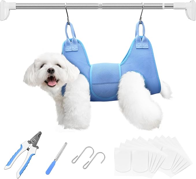 Upgraded Dog Grooming Hammock with Tension Rods, Small Pet Hanging Harness, Dog Sling for Nail Trimming with Pet Nail Clippers, Nail Trimmers -M