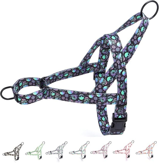 No Pull Dog Harness for Small, Medium, and Large Pets - Floral Pattern Nylon Safety Training Dog Harness (S, Skull)