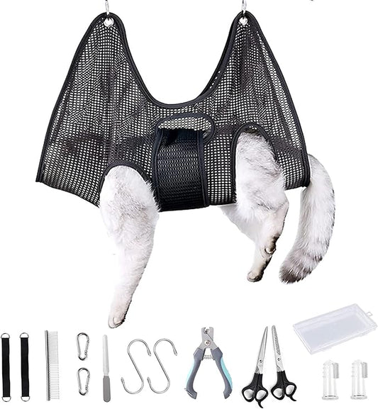 Pet Grooming Hammock for Dogs & Cats with Nail Clippers/Nail Trimmers/Scissors/Toothbrush, Dog Grooming Harness for Nail Trimming Pet Home Grooming Assistant 14-Piece Set (S)