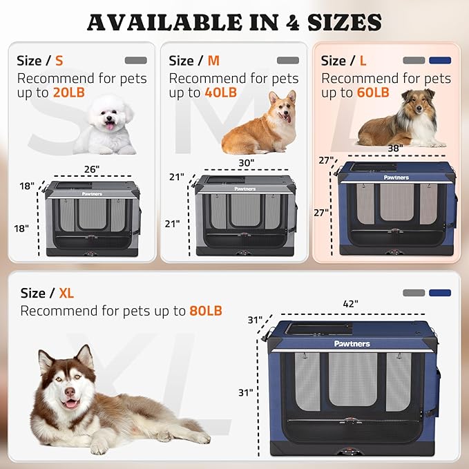 Collapsible Dog Crate: 38 Inch Foldable Soft Sided Dog Crate for Large Dogs, Portable Dog Travel Kennel with Soft Mat for Indoors & Outdoors, Blue