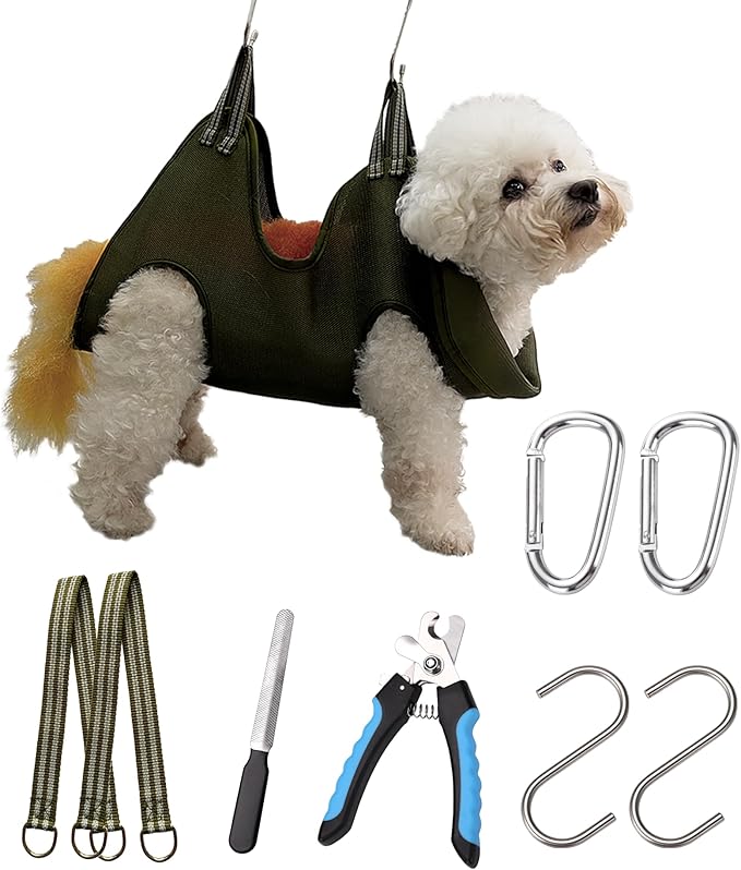 10 in 1 Pet Grooming Hammock Harness with Nail Clippers/Trimmer, Nail File, Comb,Dog Nail Hammock, Dog Grooming Sling for Nail Trimming/Clipping (S/Under 30lb, Khaki Green)