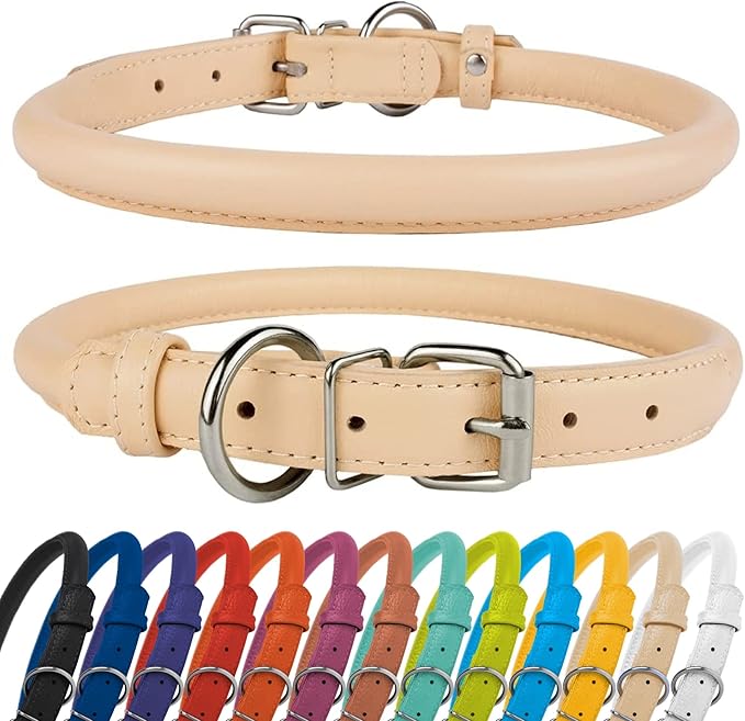 CollarDirect Rolled Leather Dog Collar, Soft Padded Round Puppy Collar, Handmade Genuine Leather Collar Dog Small Large Cat Collars 13 Colors (15-19 Inch, Beige Textured)