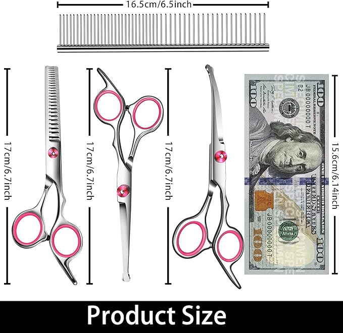 Dog Grooming scissors Kit,Includes Curved Thinning straight scissors and Comb, Dog Grooming Shears with Safety Round Tips,pet Grooming kit for Small Dogs&Puppies