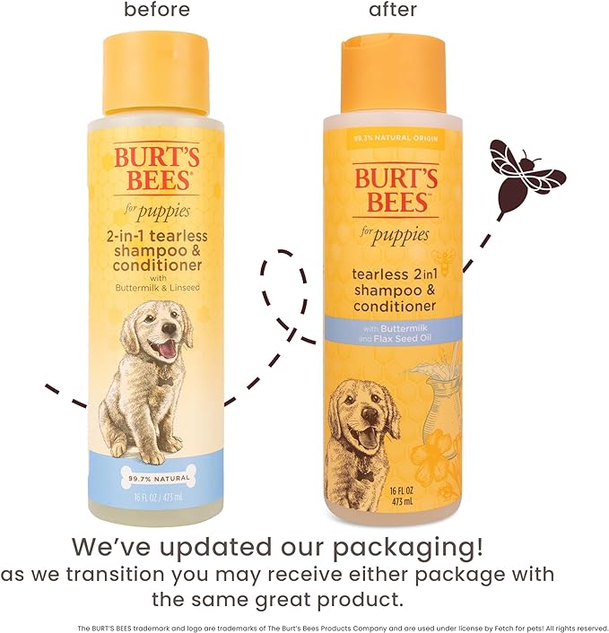 Burt's Bees for Pets Tearless Puppy 2-in-1 Shampoo and Conditioner with Buttermilk and Linseed Oil, 2pk, 95% Natural Origin Formulas, Best Gentle Shampoo for Puppies - Tear Free, 16 oz - 2 Pack