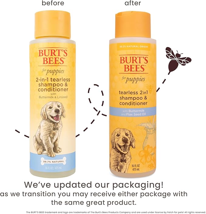 Burt's Bees for Pets Tearless Puppy 2-in-1 Shampoo and Conditioner with Buttermilk and Linseed Oil, 2pk, 95% Natural Origin Formulas, Best Gentle Shampoo for Puppies - Tear Free, 16 oz - 6 Pack