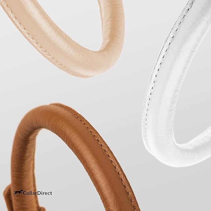 CollarDirect Rolled Leather Dog Collar, Soft Padded Round Puppy Collar, Handmade Genuine Leather Collar Dog Small Large Cat Collars 13 Colors (15-19 Inch, White Textured)