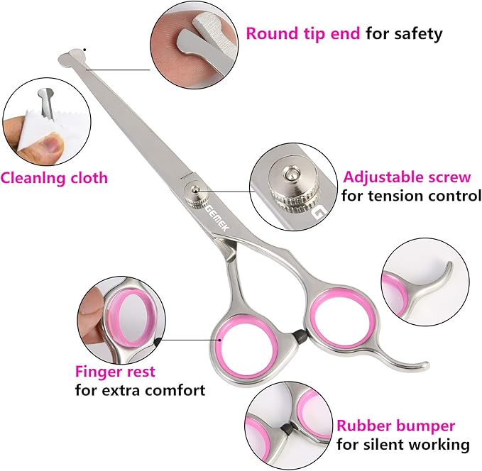 GEMEK Dog Grooming Scissors Set, 4CR Stainless Steel Safety Round Tip Pet Professional Grooming Tool 5 Pieces Kit - Straight, Curved, Thinning Shears & Comb for Dogs, Cats and Other Animals