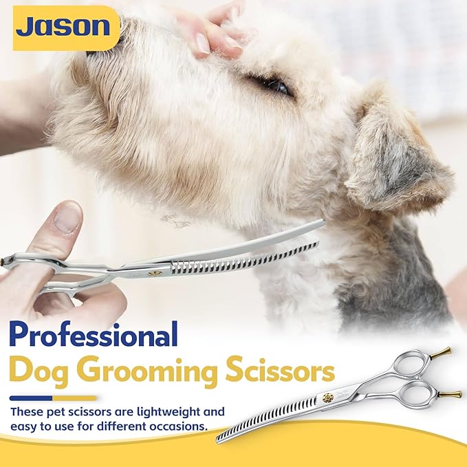 JASON 7" Dog Grooming Shears - Professional Down-curved Chunker Shears with 60%-65% Thinning Rate, Japanese 440C Stainless Steel Dog Grooming Chunkers with Adjustable Screw (28 Teeth, Silver)