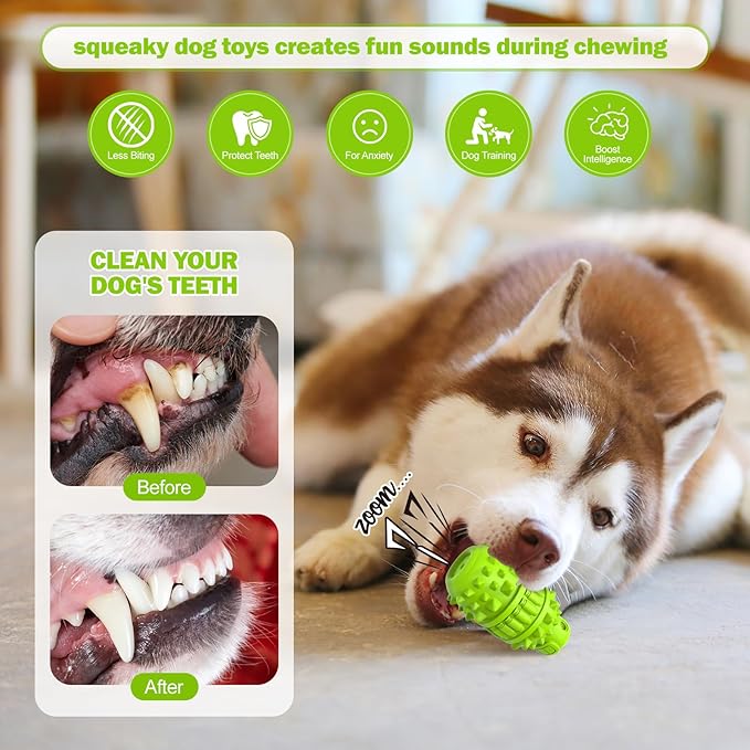 PIFFZEDO Dog Toys for Aggressive Chewers Tough Dog Squeaky Toys for Large Medium Breed Interactive Durable Natural Rubber Dog Chew Toys Dog Birthday Toy Dog Toothbrush (Green,Large)