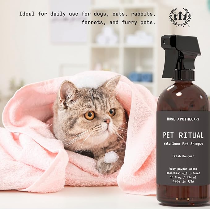 Muse Apothecary Pet Ritual Aromatic Waterless Pet Shampoo - No Rinse Dog Shampoo - Waterless Dog Shampoo for Large Dogs - Essential Oils Infused, 16oz Fresh Bouquet