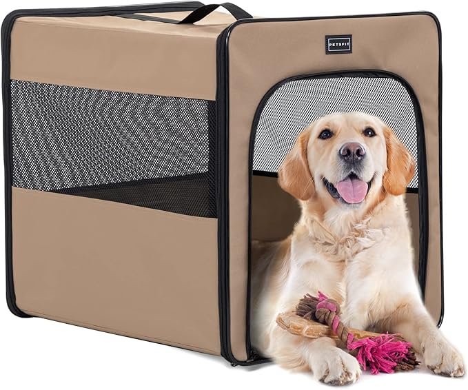 PETSFIT Dog Crate Travel, Portable Dog Crate - 31 Inch with Thicken Mat, Easy to Fold, Sturdy and Portable, Perfect for Traveling, Collapsible Dog Kennel Khaki