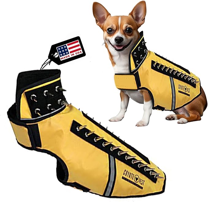 CoyoteVest SpikeVest Dog Harness Vest for Small Dogs, Reflective Dog Vest with Spikes to Shield Your pet from Coyotes, Raptor and Animal Attacks, Anti Hawk Vest, Made in USA (M-Yellow)