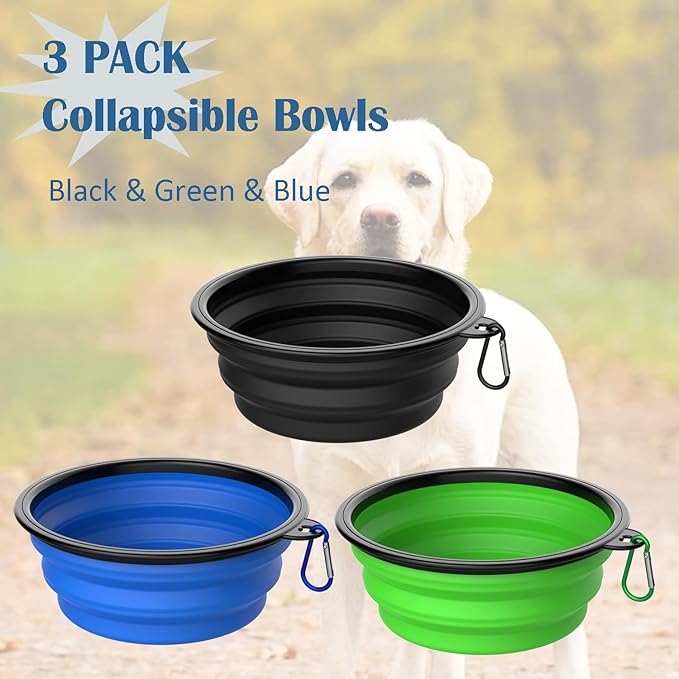 Takfox Collapsible Dog Bowls [3 Pack] 20 oz, Travel Dog Bowls, Pet Bowl Portable Foldable Water Food Feeding Dishes with Carabiner Clip for Traveling Hiking Walking-Black & Green & Blue